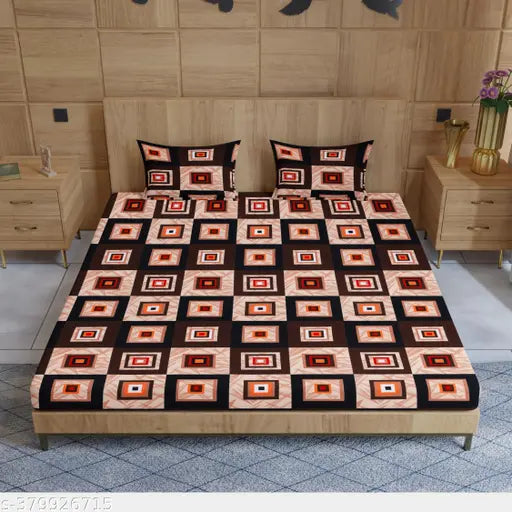 Super Soft Glace Cotton Summer Bedsheet Set - Checked, Elastic Fitted Double, Includes 2 Pillow Covers (78x72+10, 28x18)