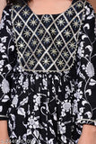 Black rayon Kurta Sharara Set with printed embroidered dupatta for kids baby girls, featuring three-quarter sleeves. Pack of 3 sizes: 3-4 years and 7-8 years. Handcrafted Indian children's wear