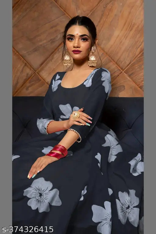 White Georgette Anarkali gown set with dupatta and bottom wear for women and girls, featuring three-quarter sleeves and printed pattern. Stitched in India, available in sizes S, M, L, XL, XXL