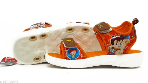 Tan and orange sandals with Chhota Bhaalu Bali theme, designed for comfort, suitable for ages 1 to 13