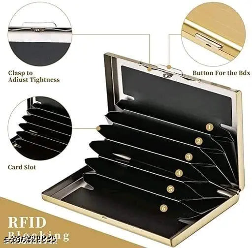 Stainless steel credit card holder protector, slim metal wallet for women and men. Durable, waterproof, and ultra-slim design with matt black finish. Holds up to 6 cards, perfect for daily use and travel. Made in India