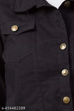 Black solid denim women's jacket, long sleeves, vibrant color, versatile for all occasions