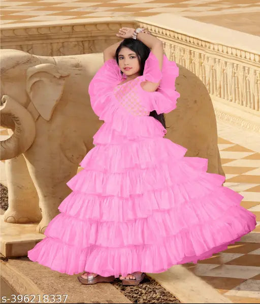 Kids net sleeveless printed party gown by Gulnaz Fashion, 5-16 years sizes available