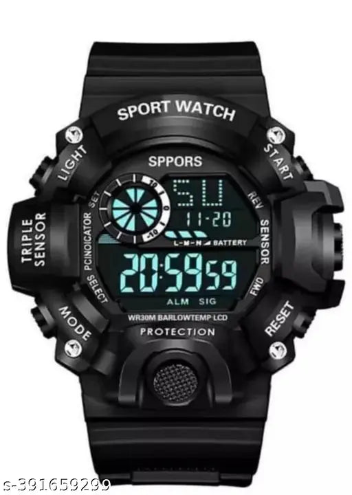 Black sport digital watch with sports band and digital display
