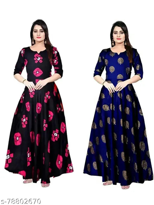 Rayon printed long kurtis for girls and women, suitable for parties and office wear. Indian-made rayon kurtis with three-quarter sleeves and vibrant prints