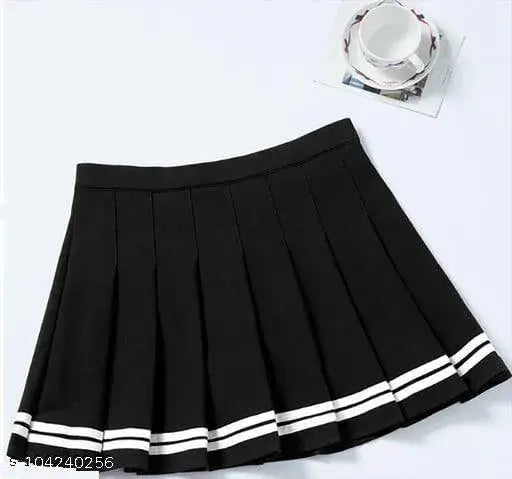 Black pleated skirt with white trim, high waist design