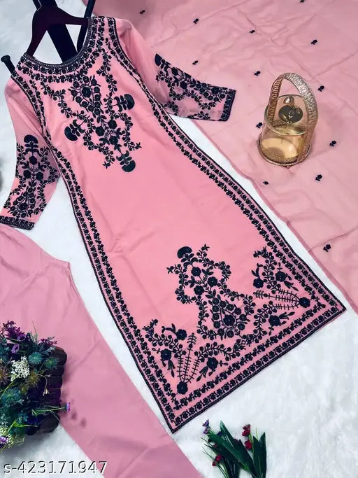 Embroidered party wear outfit with dupatta, black embellishments, heavy embroidery on pink fabric, long kameez and pants