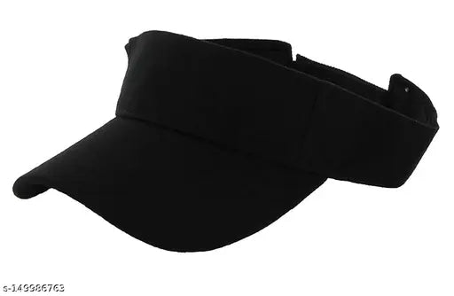 Black cotton visor cap (L, N), solid pattern for golf, tennis, cricket, or table tennis. Made in India