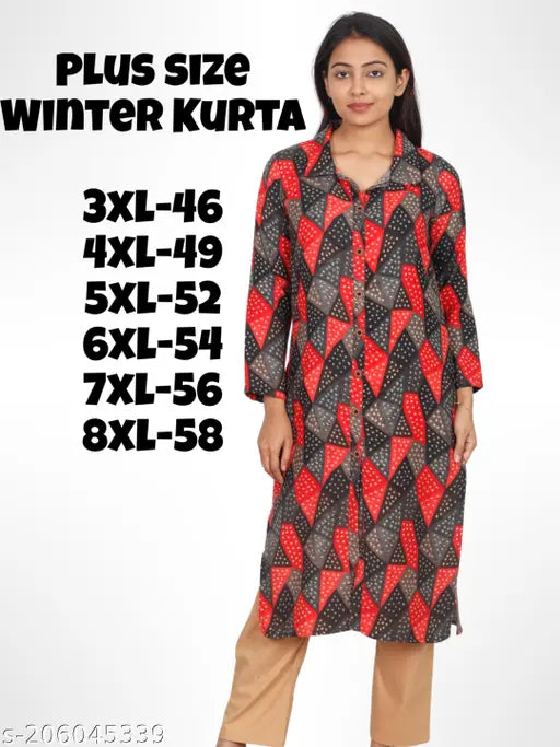 Plus size printed kurta, full sleeve collared winter wear