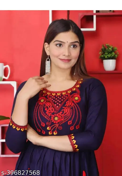 Rayon embroidered gown for girls and women, three-quarter sleeves, Indian fabric and design, party wear, new kurti set under 300, Anarkali dress, women's kurta with embroidery detail