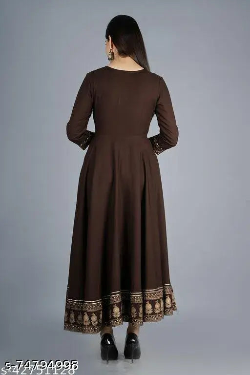 Rayon women's printed long anarkali kurta, partywear or festival wear, three-quarter sleeves, India origin