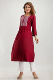 Rayon embroidered women's long kurta, India-made three-quarter sleeves partywear