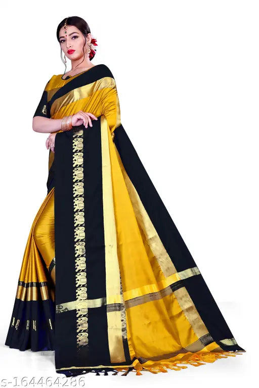 Gold and black saree with border and pallu