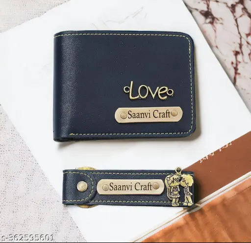 Customized canvas & leather wallet and key chain combo, textured net design, free size. Place order on Gillkart, WhatsApp 6306958968 with Order ID, name, color, charm design