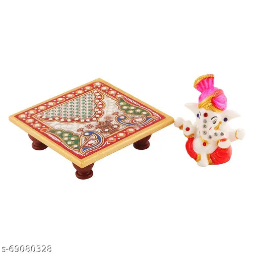 Marble Ganesh Idol with Exquisite Chowki - Premium decorative showpiece for Pooja Mandir, home or office decor