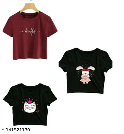 Cotton blend pack of 3 solid print t-shirts for hot girls and women, India origin