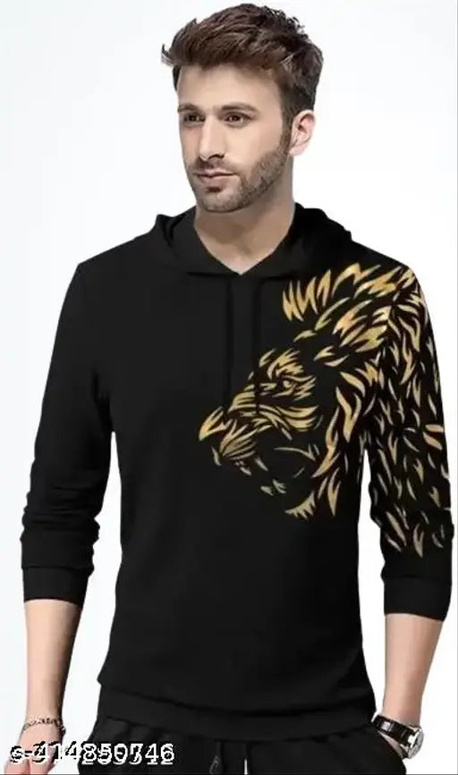 Men's black lion printed hooded full sleeve cotton blend t-shirt, regular fit for both men and boys. Bold lion print design on display