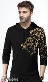 Men's black lion printed hooded full sleeve cotton blend t-shirt, regular fit for both men and boys. Bold lion print design on display