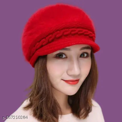 Red wool beret cap for winter, fur lining, women's fashion