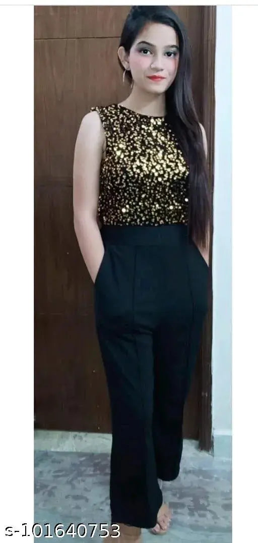 Gold cotton-blend sequin embellished jumpsuit for women & girls, perfect for parties and special occasions