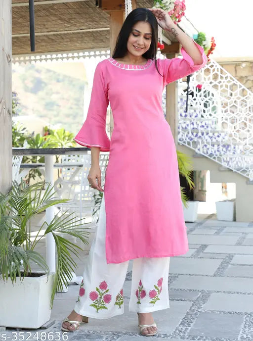 Rayon Aakarsha Refined Women's Kurta Palazzos Set, three-quarter sleeves, solid color Indian women's fashion