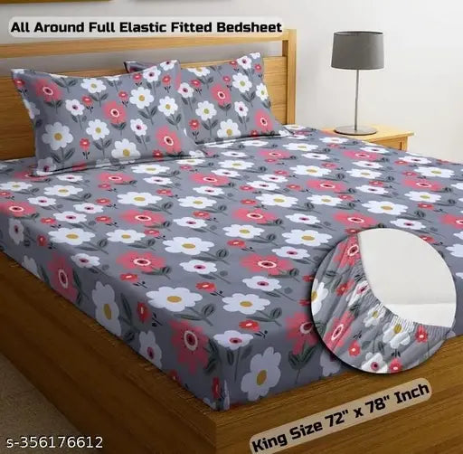 Glace Cotton, king size 180Tc double bedsheet with floral print & 2 pillow covers - ideal for summer, fitted to 8" mattress height