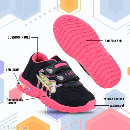 Pink LED light mesh upper Velcro shoe with pvc sole for kids running sports