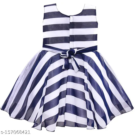 Navy blue Georgette striped frock dress, silver kraft material, sleeveless for kids' fashion