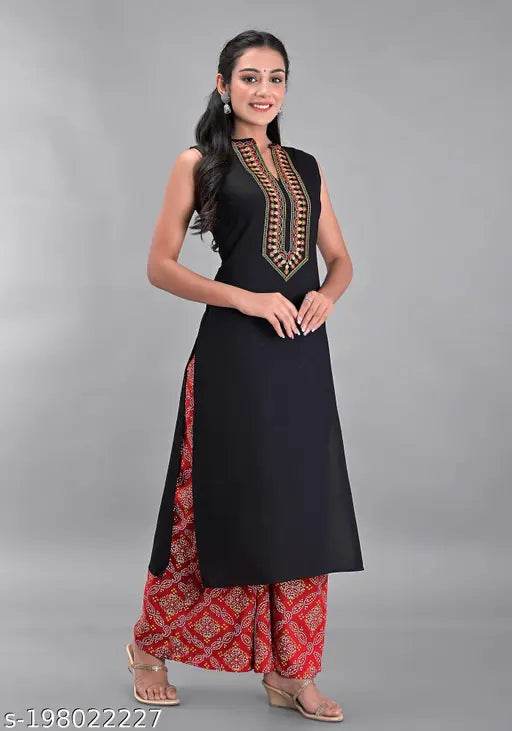 Rayon embroidered Kurta Palazzo set, solid net pattern on Maquien women's fashion. High-quality rayon ethnic wear in multiple sizes
