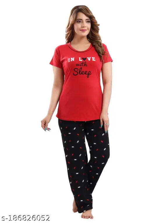 Red and black printed cotton pyjama set for women, comfortable round neck nightsuit with short sleeves