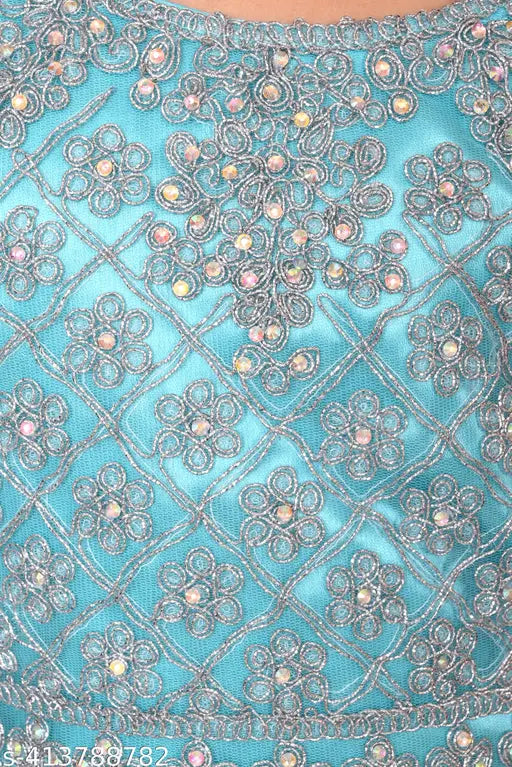 Stitched net lehenga choli set in three colors (pink, blue, green) with dupatta, hand-embroidered lace patterns, short sleeves. Girls' traditional Indian wear by AYSA APPARELS, made in India