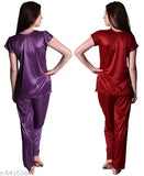 Purple maroon satin pyjama set for women by Nightdoll, perfect for bedroom or special nights