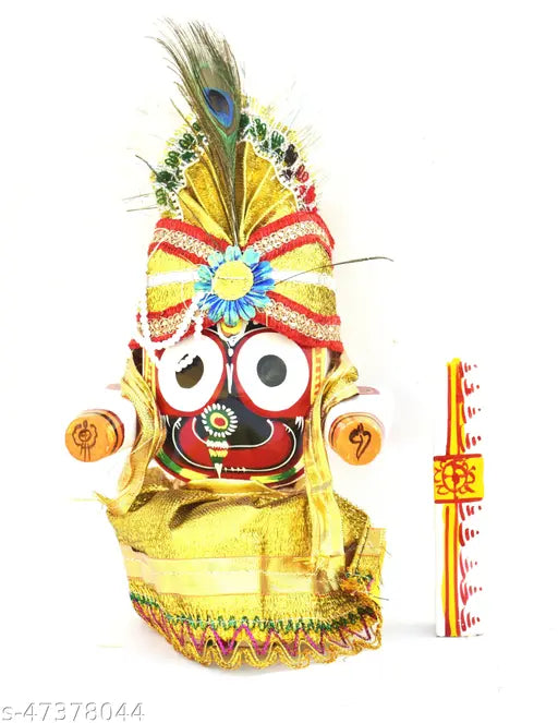 Neem wood Lord Jagannath, Balaram & Subhadra idol with Poshak Dress and Mukut. Traditional Indian crafted deity figure, 4 inch (10 cm) tall