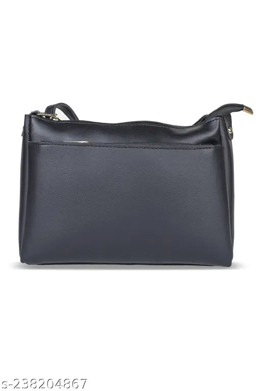 Black glossy women sling bag, zip closure, long strap
