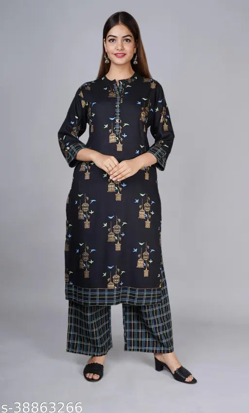 Rayon petite women's printed net kurta sets with palazzos, three-quarter sleeves, single quantity from Aishani, India