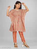 Printed rayon kaftan & trousers set for girls, Indian ethnic wear in Cambric Cotton fabric