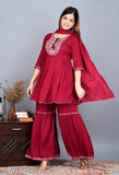 Red rayon printed anarkali kurti, long sleeves, sharara pants, dupatta