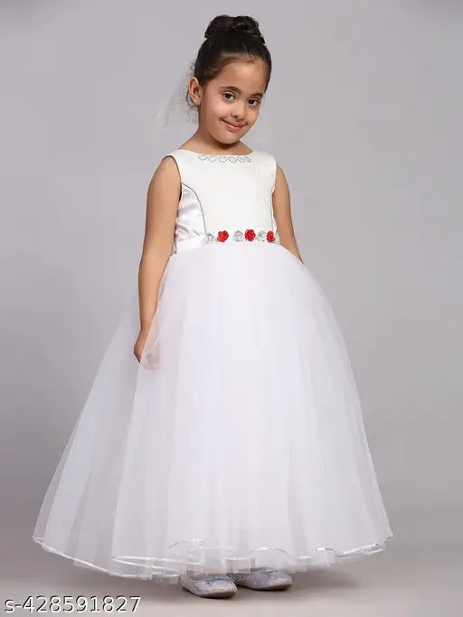 White satin full-length dress, white hair bow, red sash, strapless, floor length