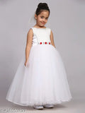 White satin full-length dress, white hair bow, red sash, strapless, floor length