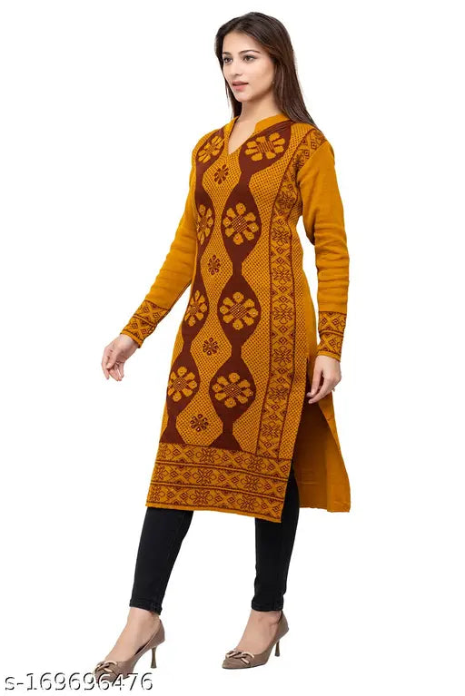 Woolen kurta with paisley design, long sleeve, knee length