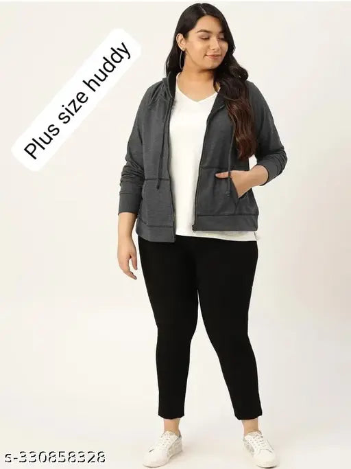 Dark grey fleece plus size zip-up hoody for women, XXL & XXXL