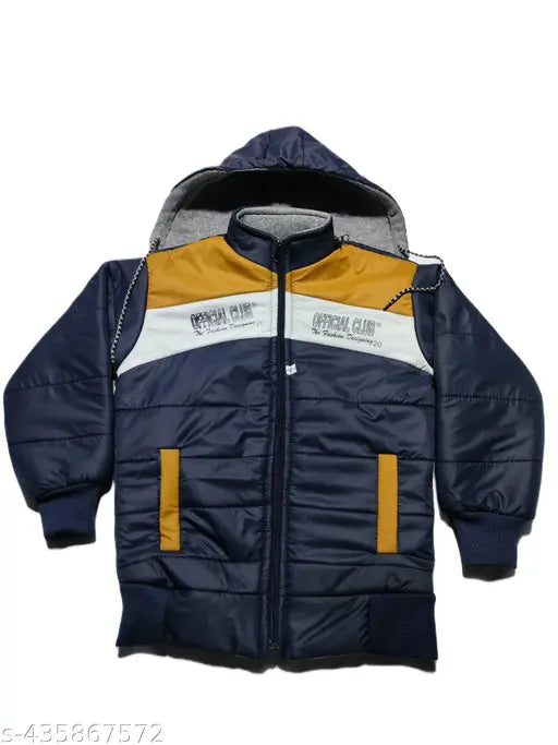 Blue and yellow puffer jacket, hooded with drawstring closure
