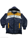 Blue and yellow puffer jacket, hooded with drawstring closure