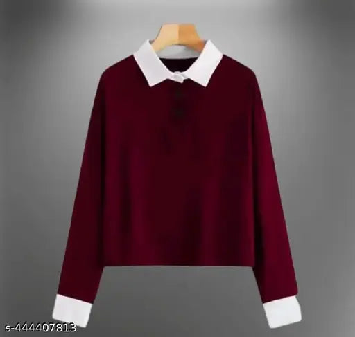 Women's premium cotton blend collar t-shirt, long sleeves, solid color, size S (36in bust, 20in length)