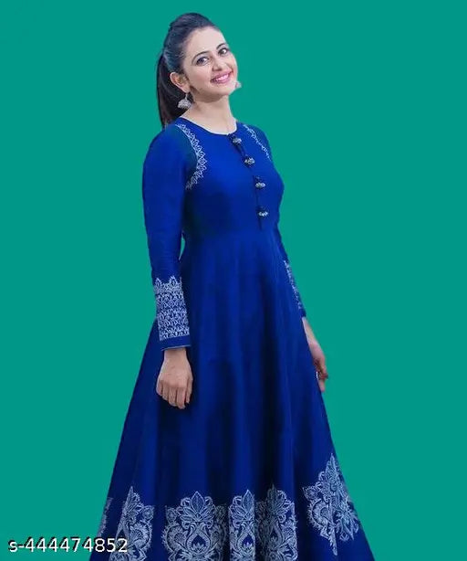 Royal blue rayon anarkali gown featuring Rakul Preet Singh print, long sleeves, and Indian traditional design