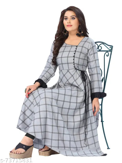 Grey denim check Rayon long kurti for festive and party wear, three-quarter sleeves - Indian fashion