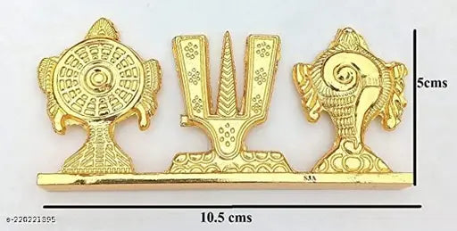 Gold-plated Brass Shankh Chakra Namah of Lord Vishnu Tirupati Balaji, ideal for car decoration (10cm x 5cm)