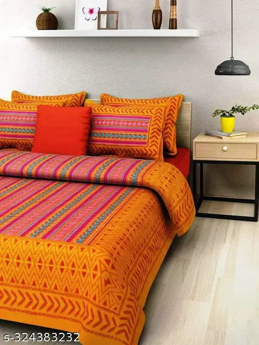 Orange Jaipuri double bedsheet with 2 pillow covers, 100 cotton design.