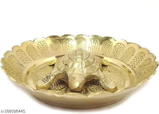 Gold brass turtle for wealth & career success on plate, feng shui home decor item