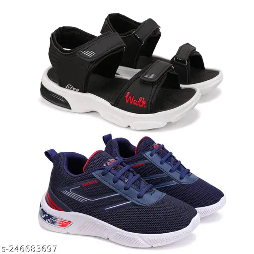 Blue sports sandals with red logo, white soles, adjustable straps